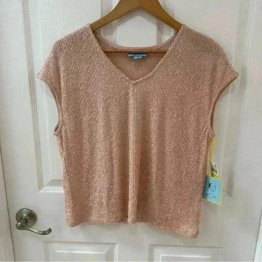 Cece Ladies Blush Sleeveless Sequin Dressy Blouse V Neck Size Medium NWT